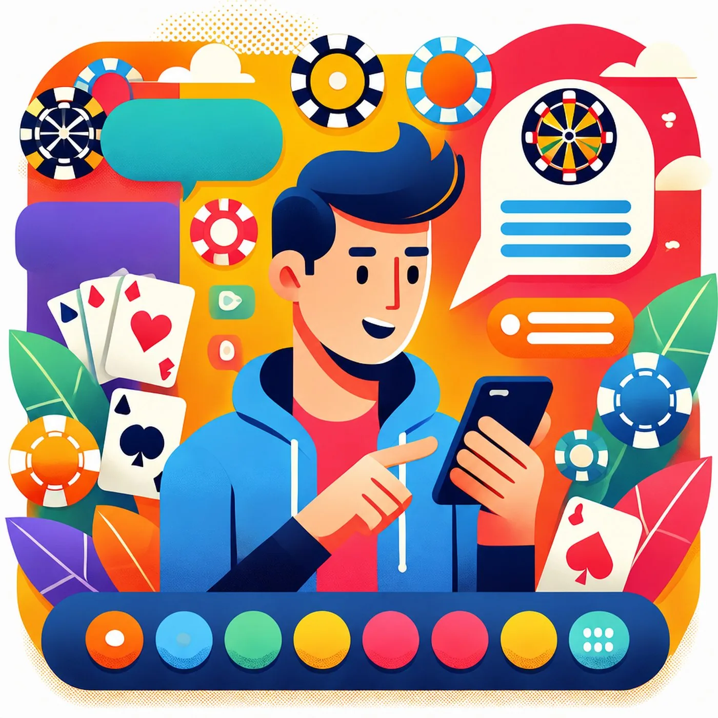 Illustration av person som använder mobiltelefon omgiven av spelkort och spelmarker