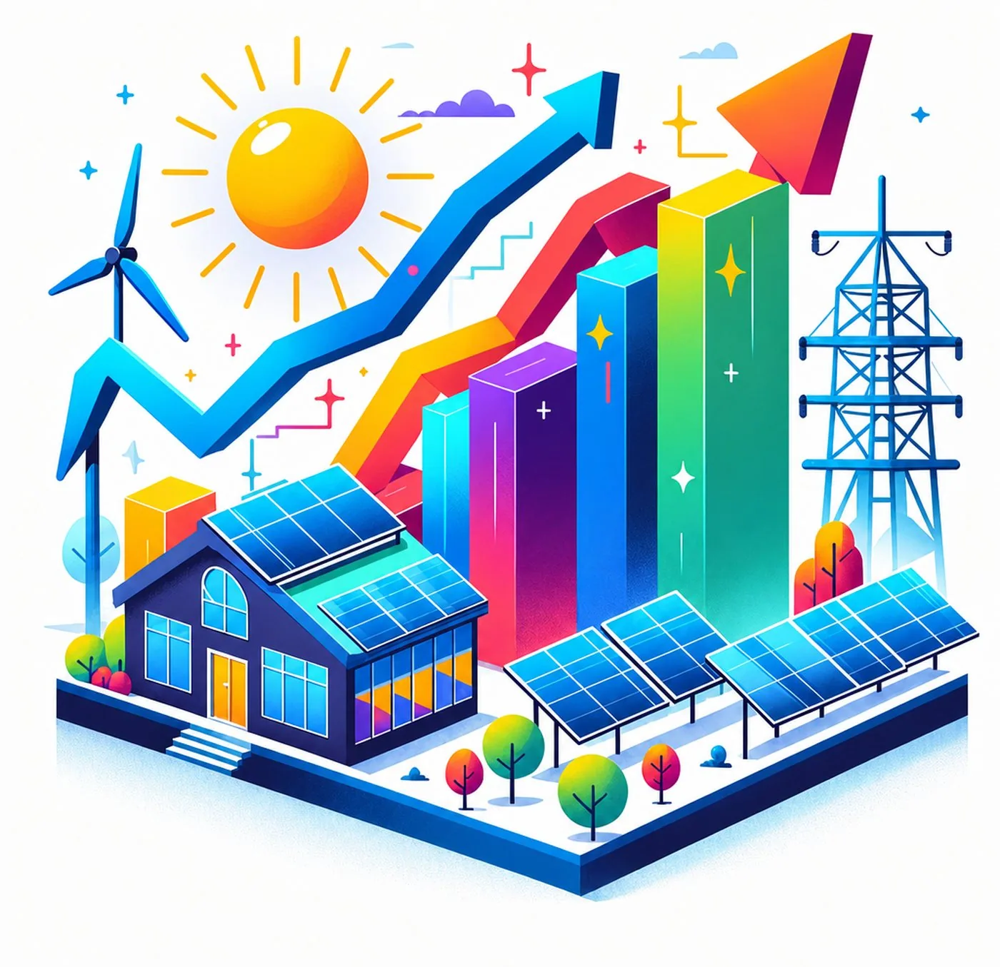 Illustration av hus med solpaneler, vindkraft och stigande stapeldiagram över energiproduktion