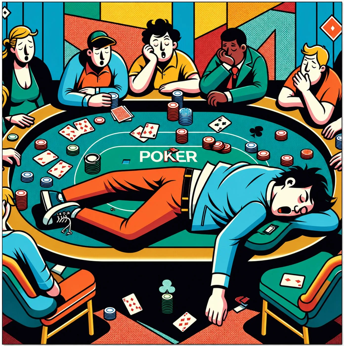 En person sover utsträckt över ett pokerbord medan de andra spelarna väntar otåligt