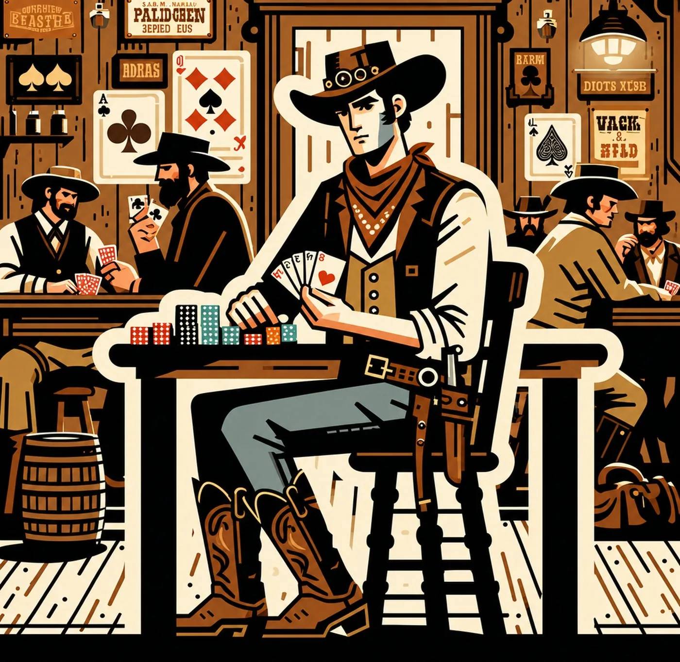 En grupp cowboys som spelar poker i en klassisk vilda västern-saloon