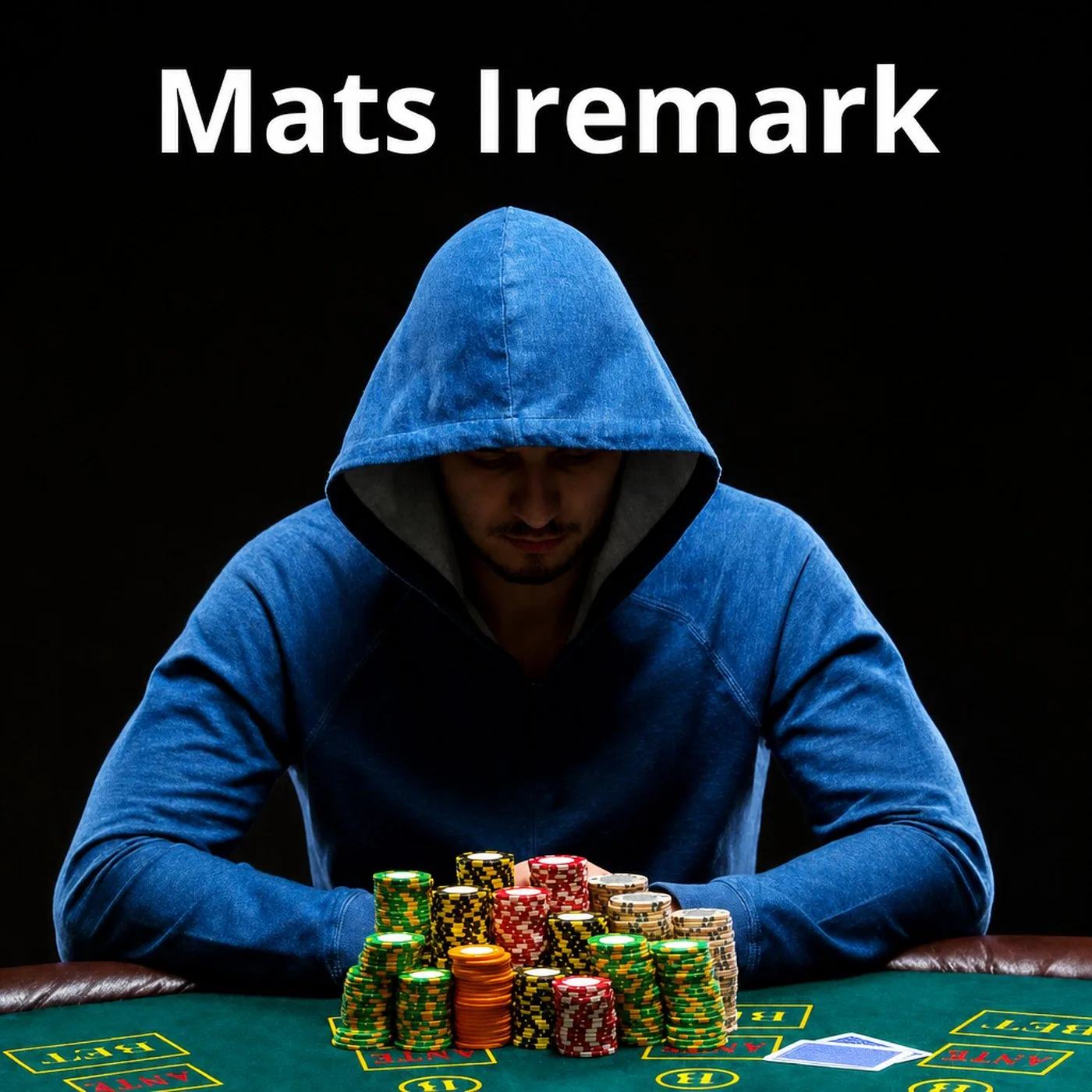 Pokerspelare i blå luvtröja som sitter vid ett pokerbord med markerstaplar