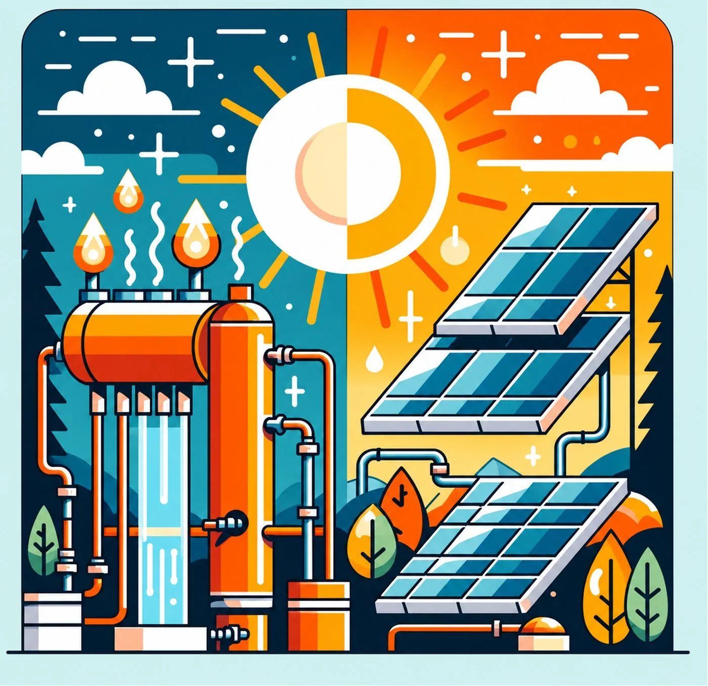 Illustration som jämför tekniken för solvärme och solceller med varma färger