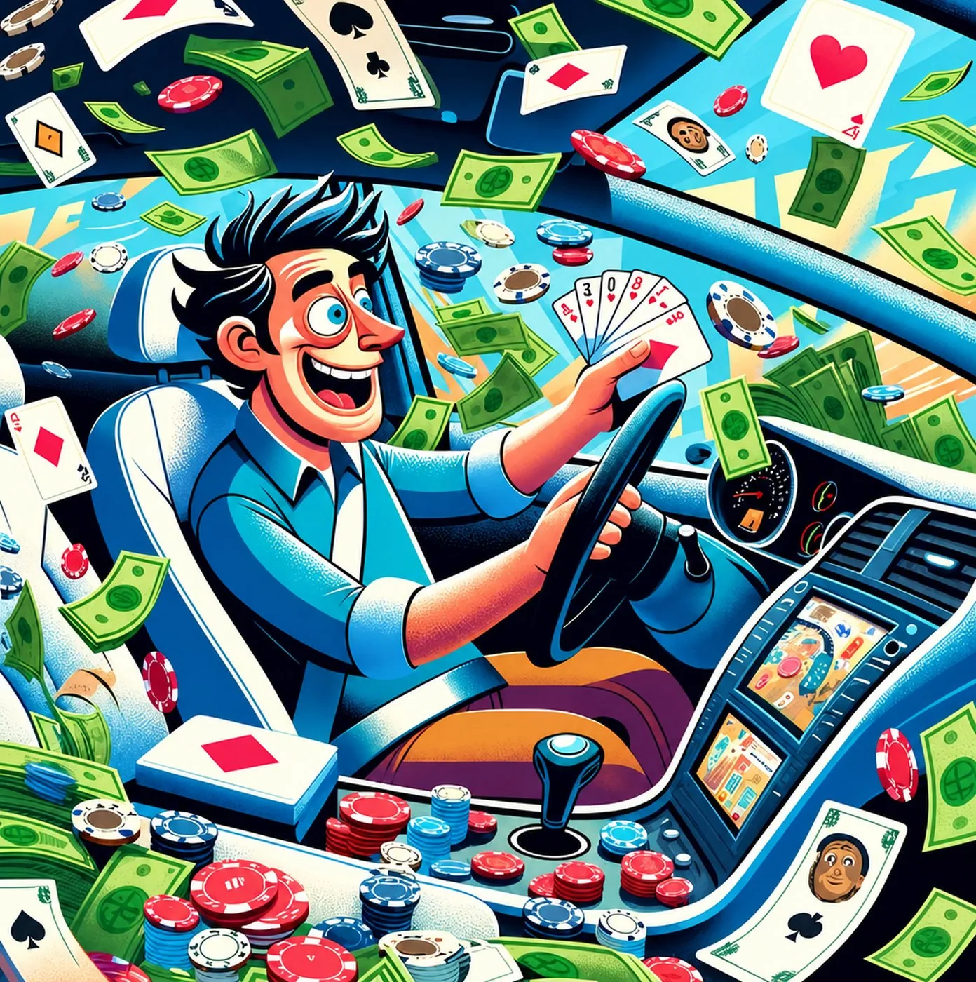 Glad person kör bil omgiven av flygande spelkort och pokerchips