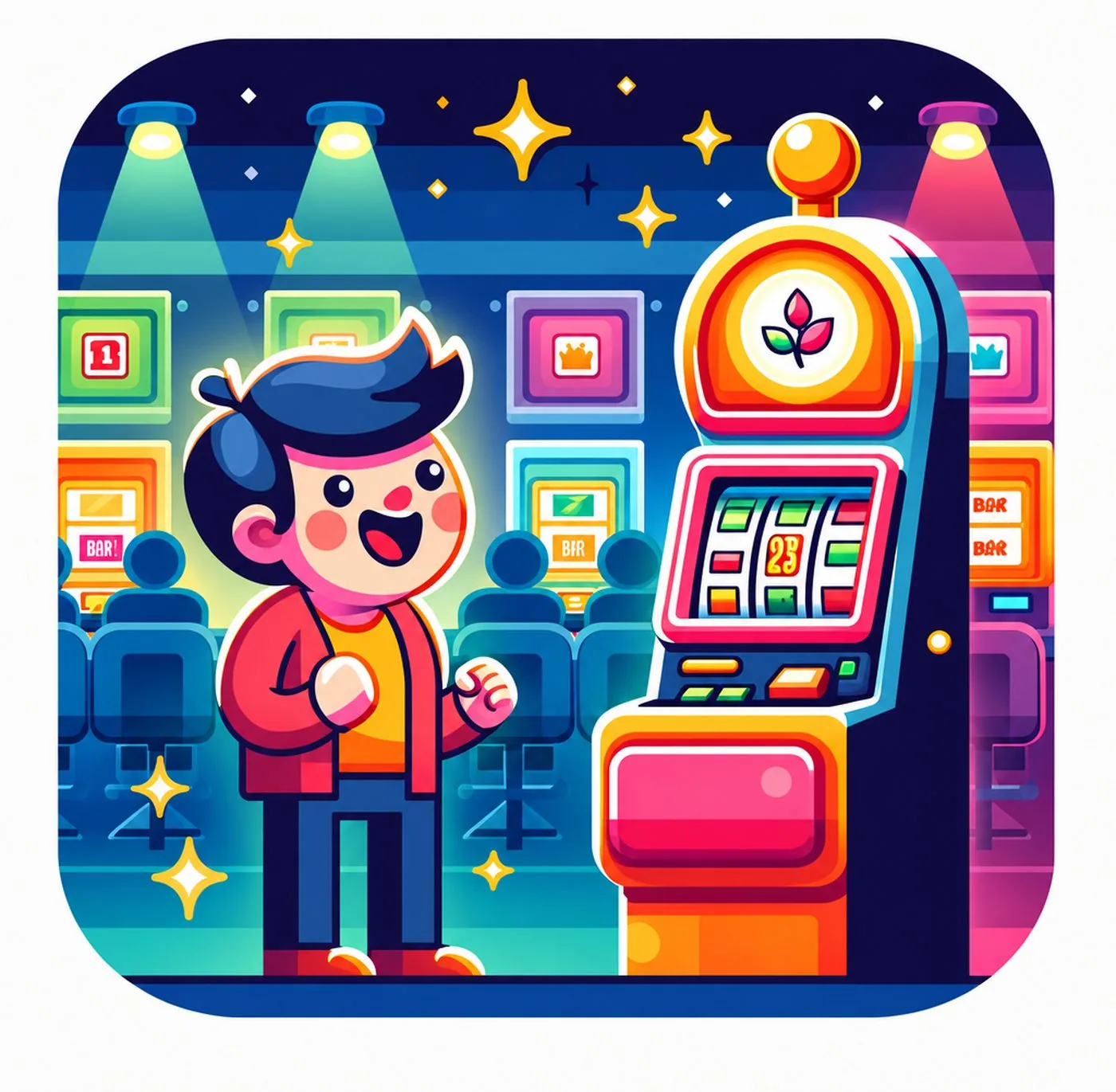 Glad person som spelar på en färgglad spelautomat i ett casino