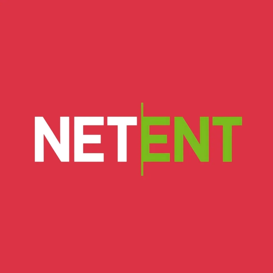 Logotyp för spelutvecklaren NetEnt med text mot en röd bakgrund