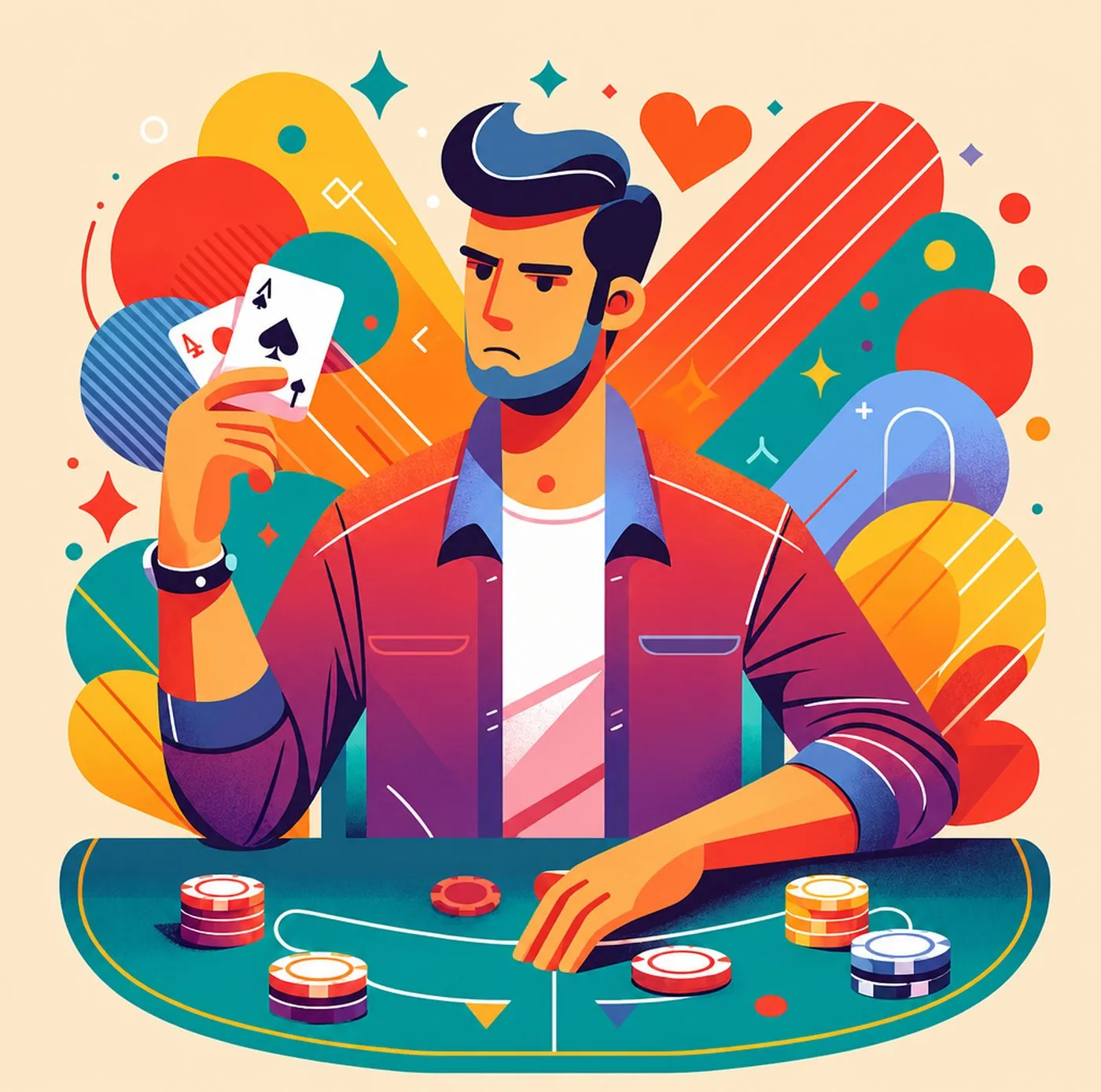 Man i en färgglad illustration som håller i spelkort vid ett pokerbord