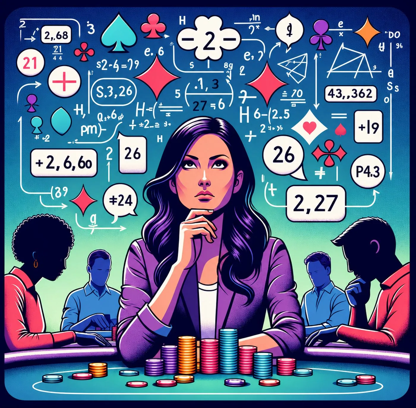Kvinna vid pokerbord omgiven av flytande matematiska formler och spelmarker