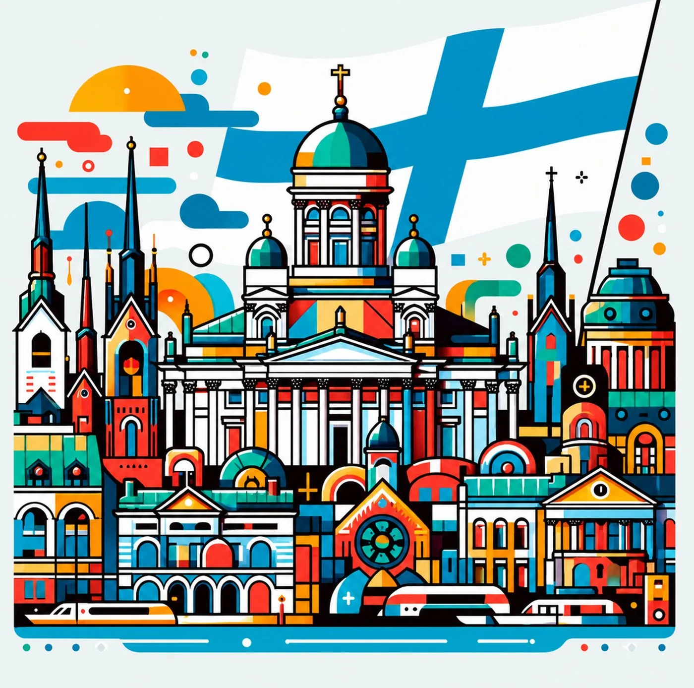 Färgstark illustration av Finlands stadsarkitektur med domkyrkan i fokus och den finländska flaggan
