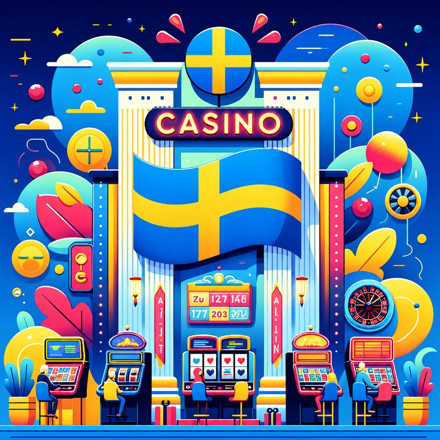 Färgstark illustration av en casinobyggnad prydd med svensk flagga och spelautomater