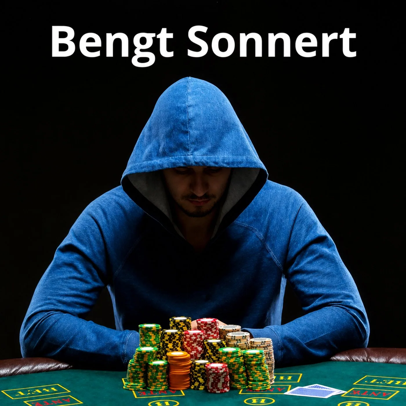 Pokerspelare i blå huvtröja som sitter vid ett bord med marker