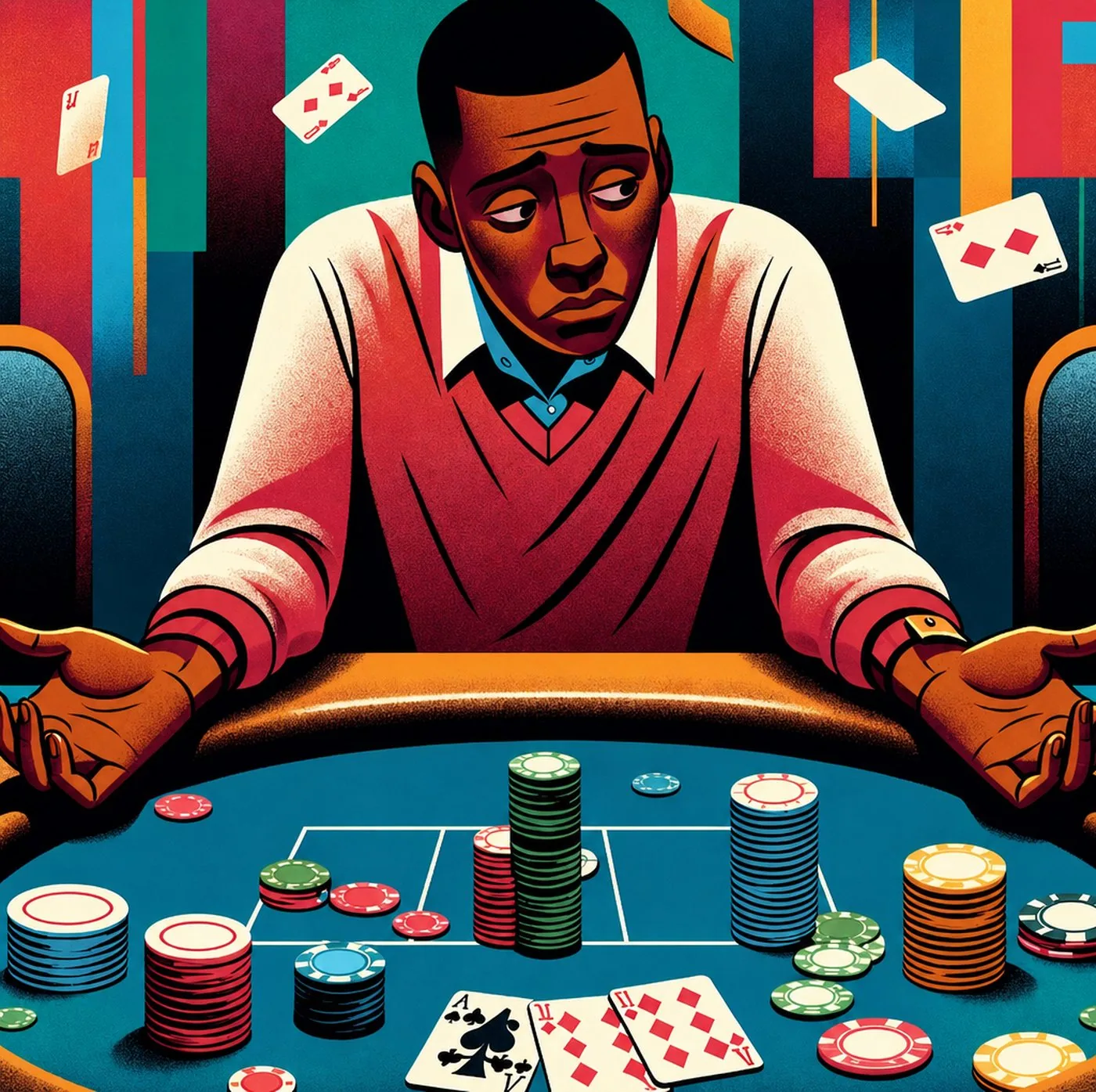 Illustration av en bekymrad pokerspelare vid ett bord med marker och spelkort