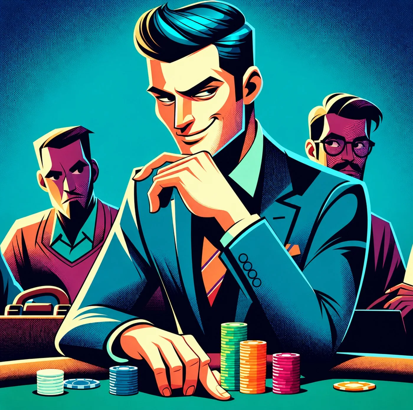 En pokerhaj vid ett spelbord med marker och två motståndare i bakgrunden