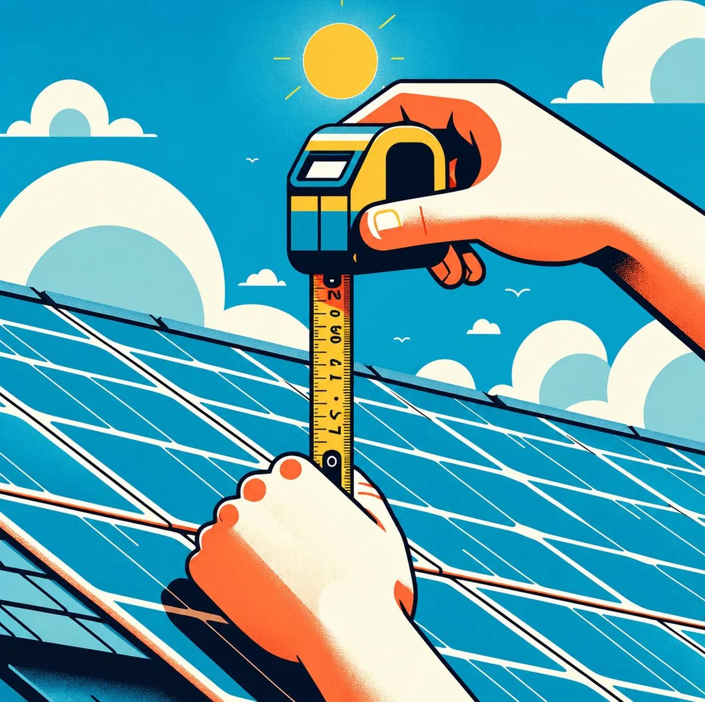 Illustration av händer som mäter en solcellspanel med måttband mot en solig himmel