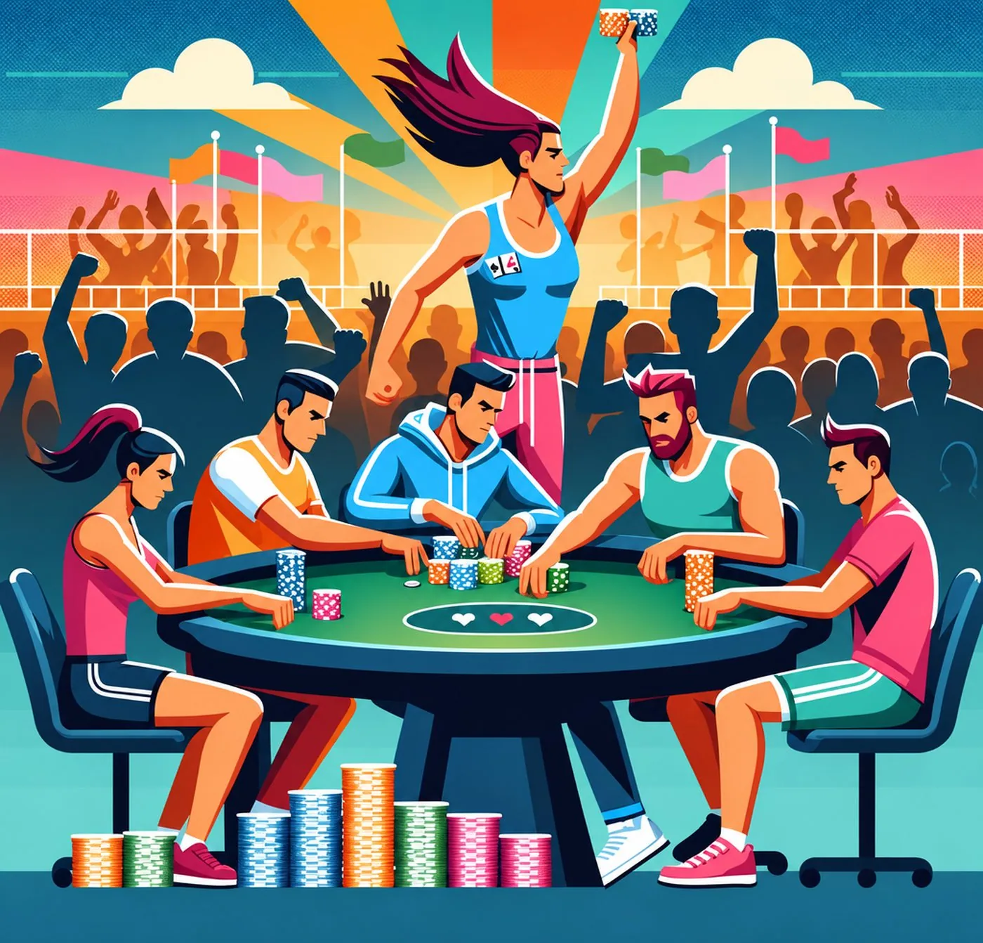 Färgglad illustration av pokerspelare vid ett bord inför en jublande publik