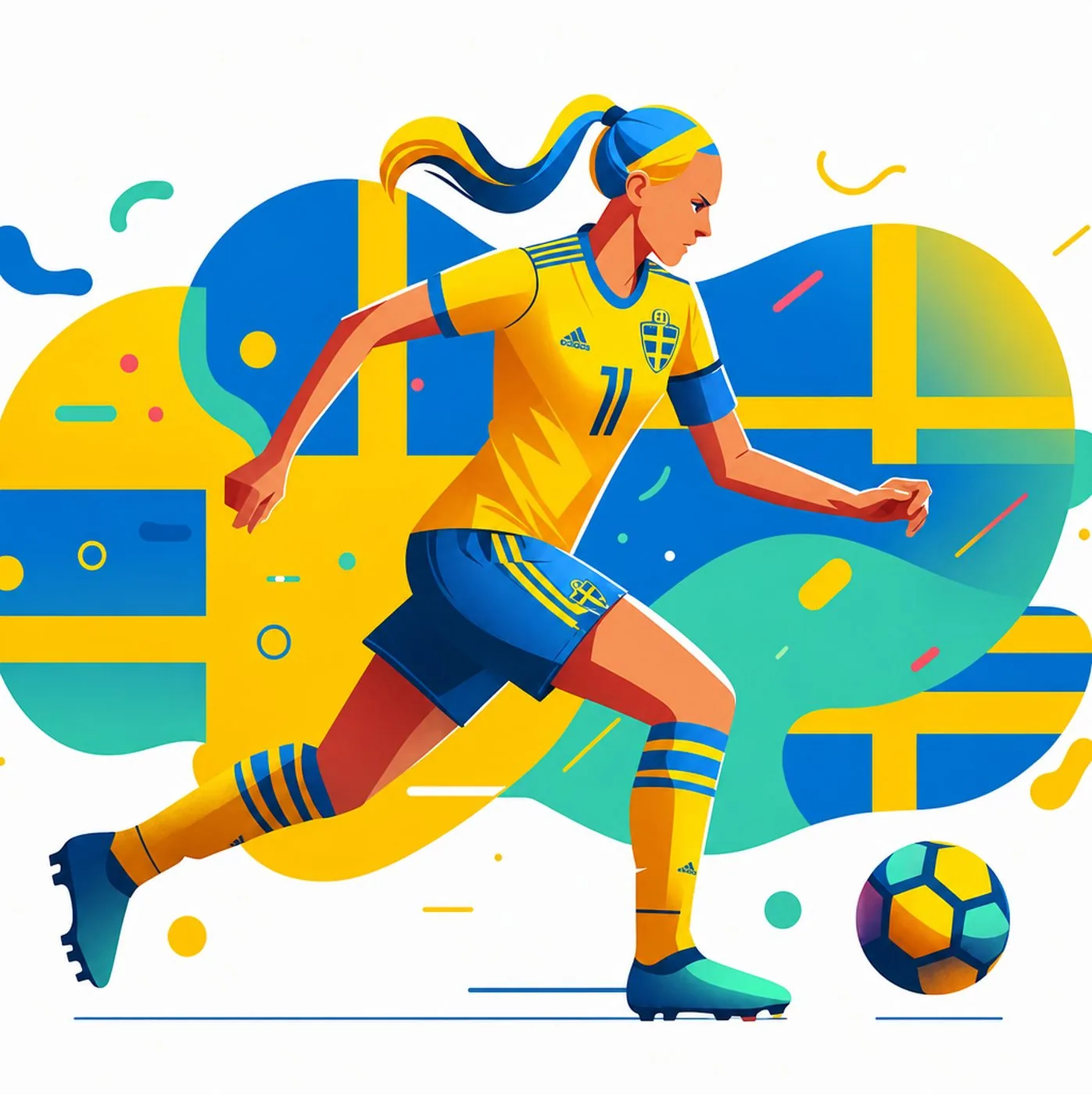 Illustrerad fotbollsspelare i gul och blå landslagströja med en boll