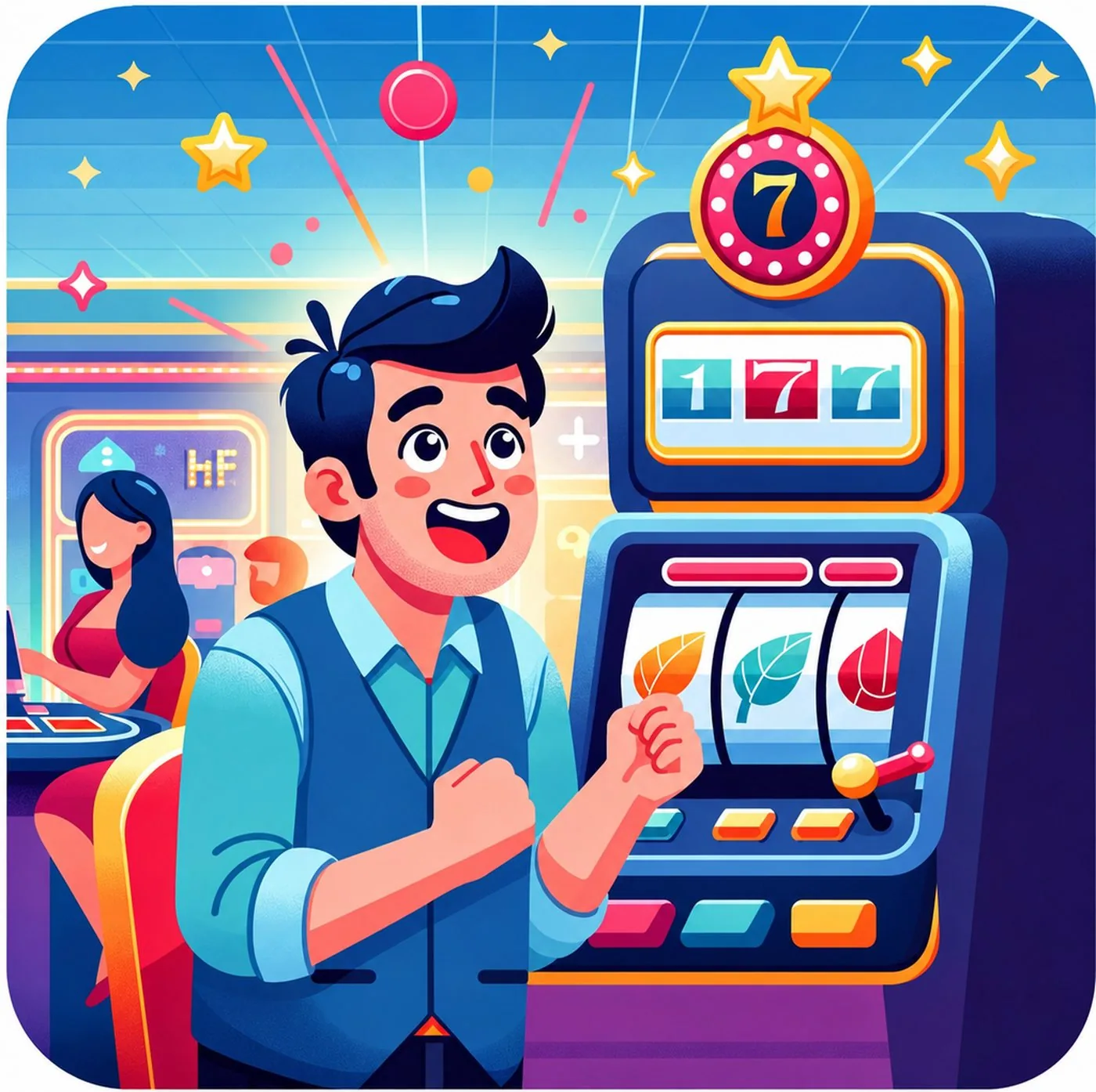Glad man som spelar på en spelautomat i en färgglad kasinomiljö