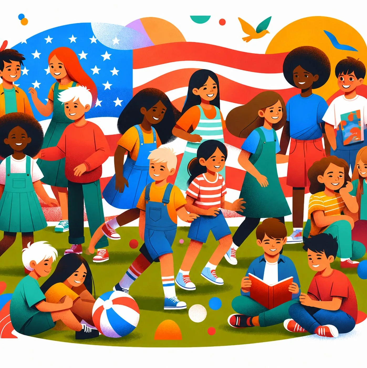 Illustration av en mångfaldig grupp glada barn framför en amerikansk flagga