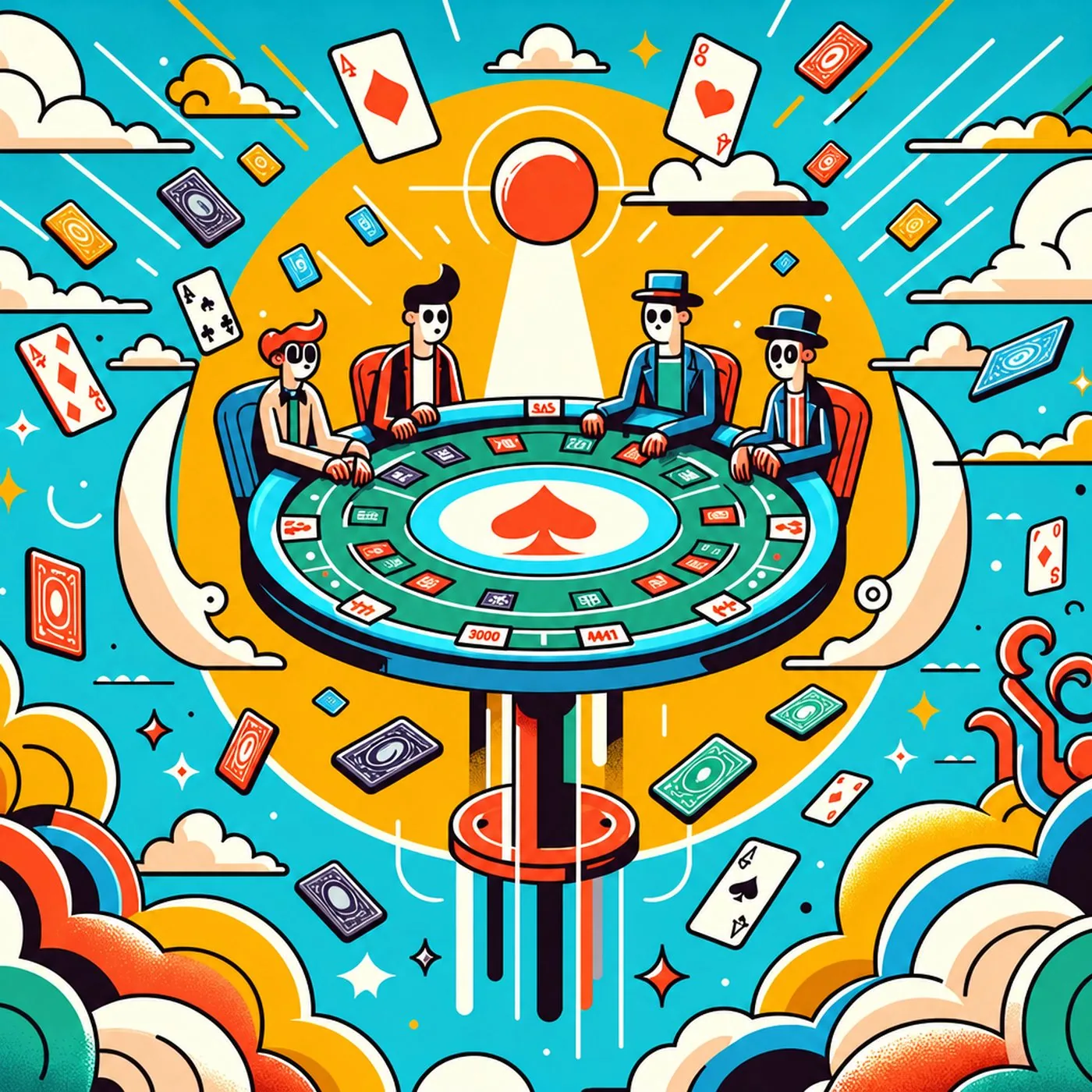 Illustration av personer som spelar poker vid ett svävande bord omgivet av spelkort
