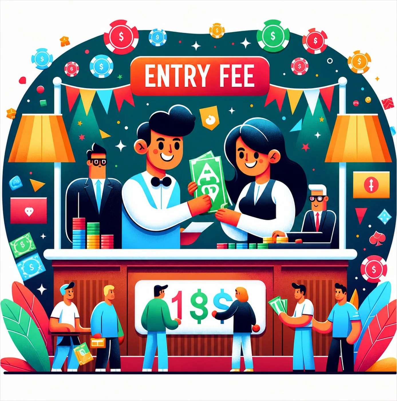 Illustration av personer som betalar inträdesavgift vid en pokerkassadisk