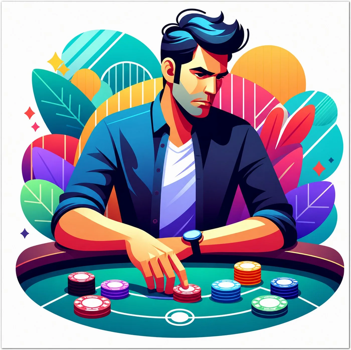 Illustrerad pokerspelare som gör en insats vid ett spelbord med marker