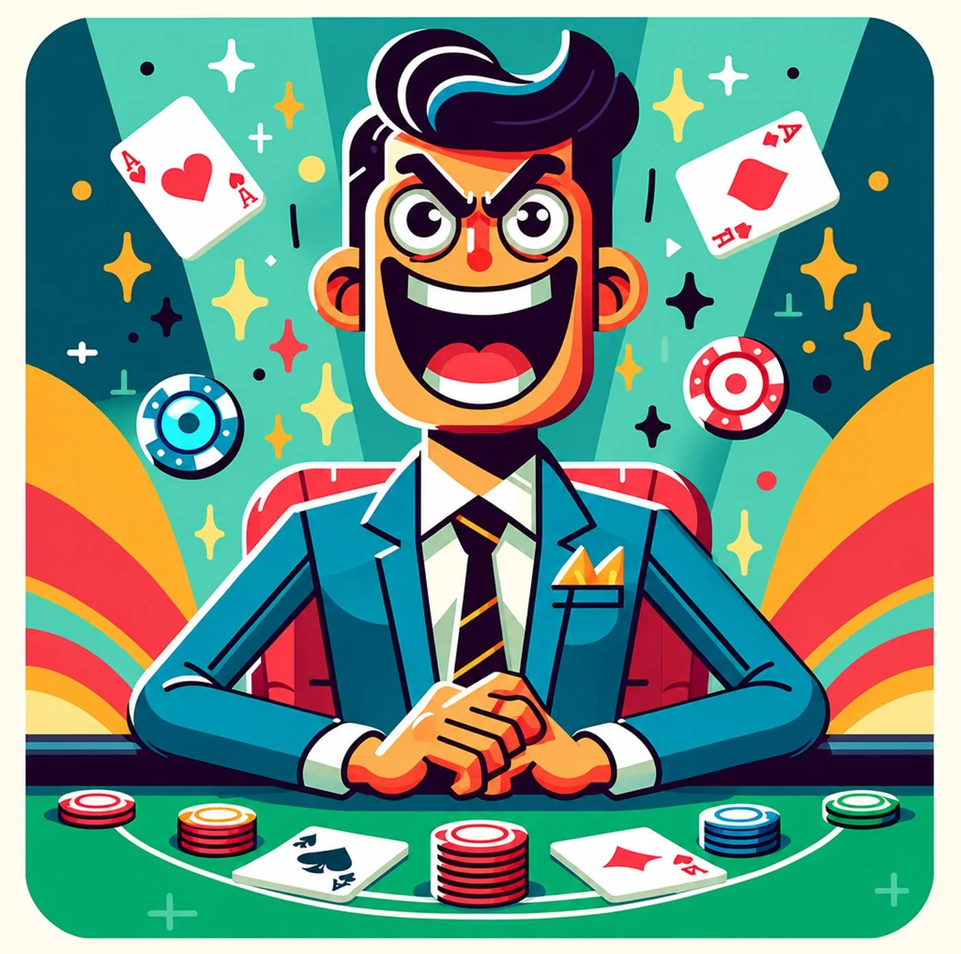 En exalterad pokerspelare i kostym vid ett bord med spelmarker och kort
