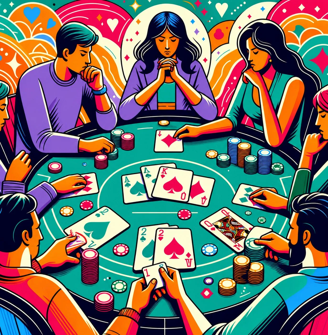 Färgstark illustration av en grupp människor som spelar poker runt ett spelbord