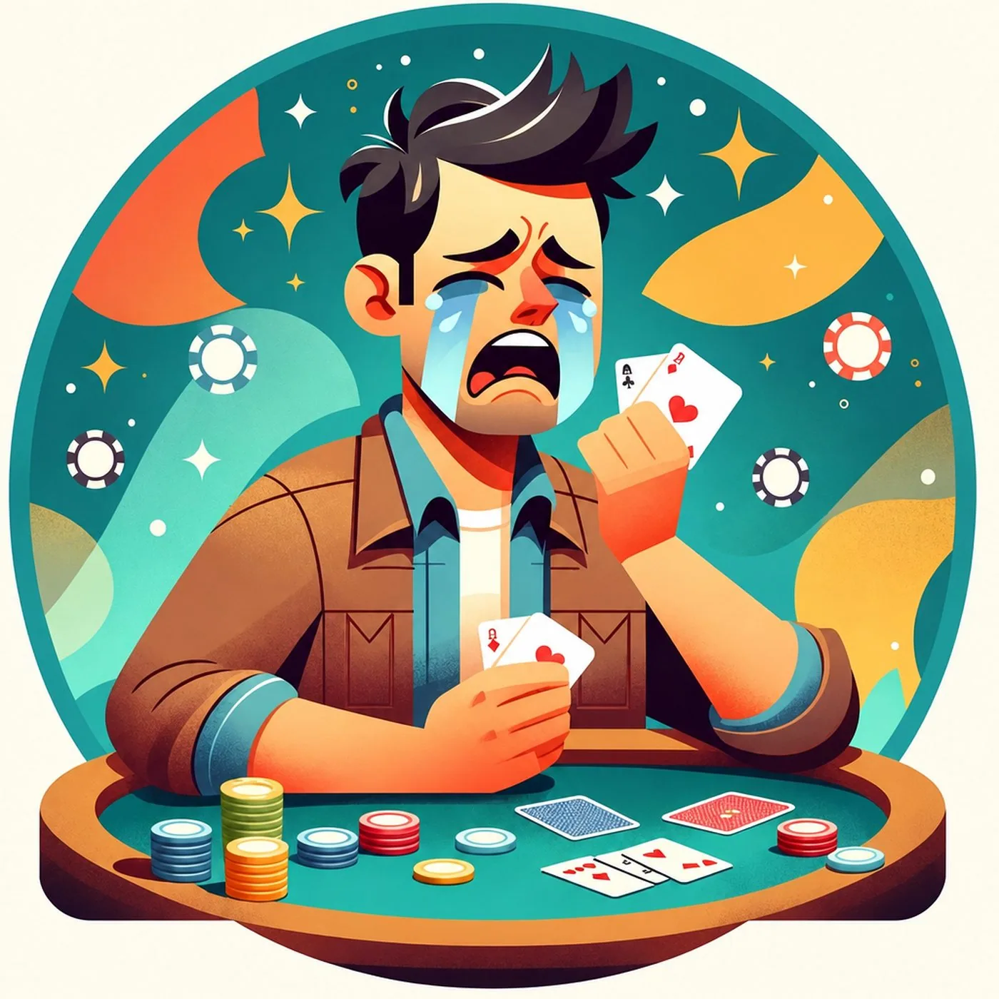 Illustrerad figur som gråter förtvivlat vid ett pokerbord med spelkort och marker