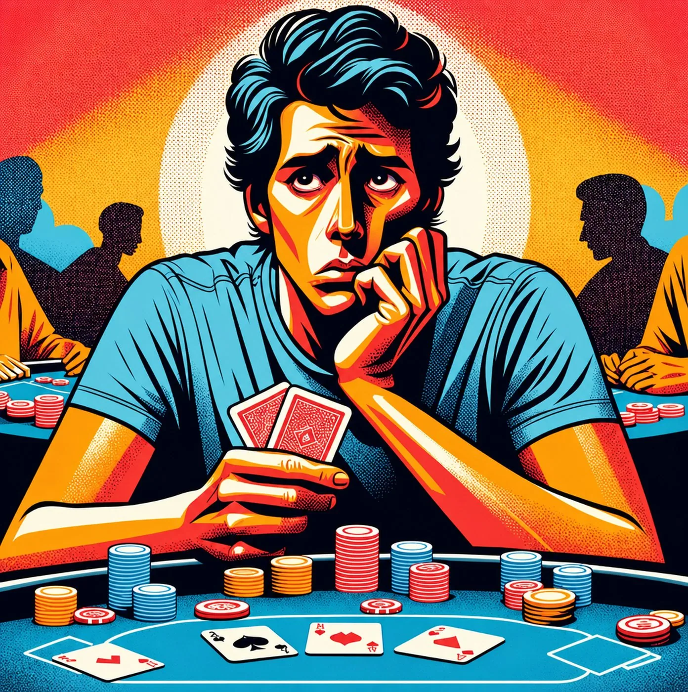Eftertänksam pokerspelare som sitter vid ett bord med marker och spelkort