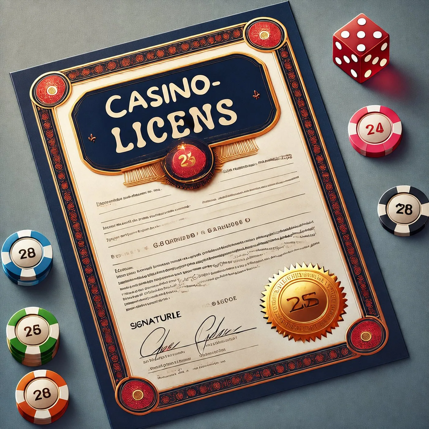 Ett formellt dokument märkt med texten casino-licens omgivet av spelmarker och en tärning