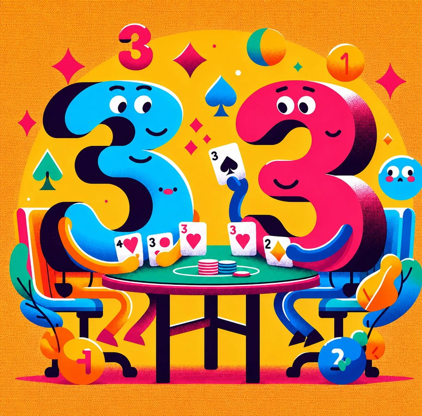 Två animerade siffror tre som spelar poker vid ett grönt bord