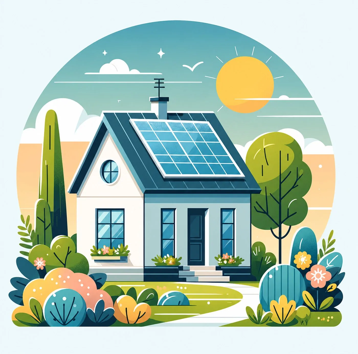 Illustration av ett hus med solpaneler på taket i en solig trädgård