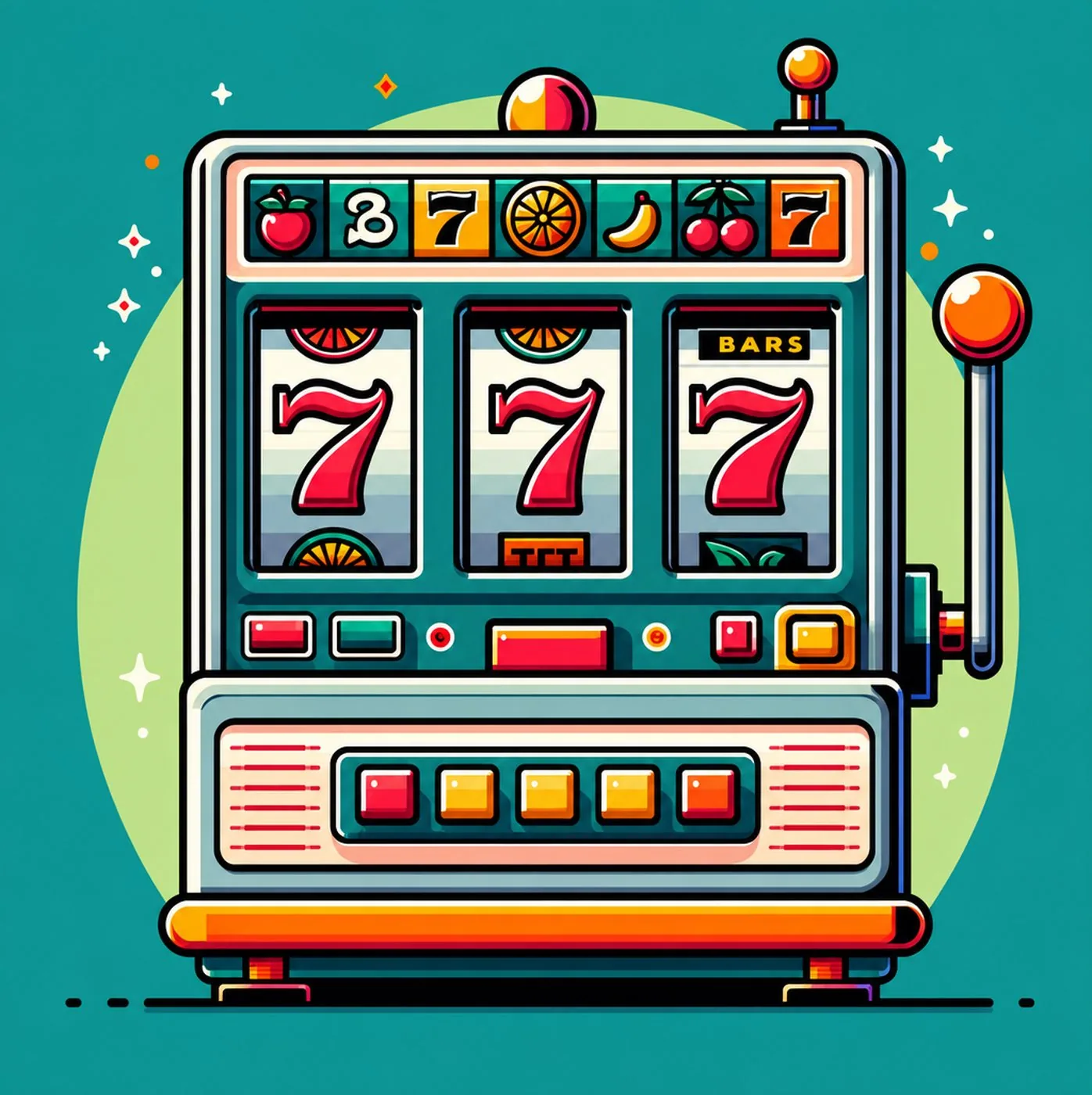 En färgglad spelautomat som visar tre sjuor på sina hjul