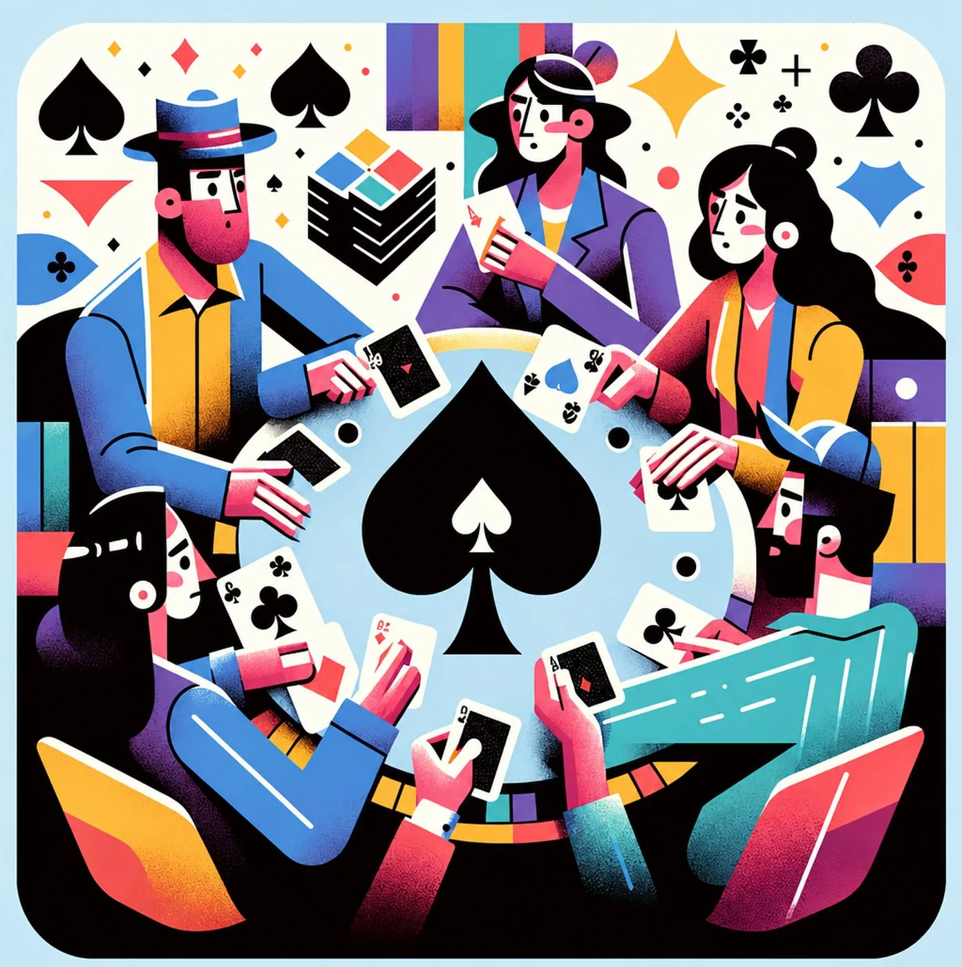 Färgstark illustration av människor som spelar poker vid ett bord med spader-symbol