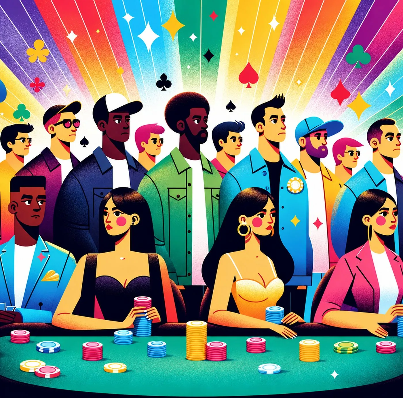 En grupp människor sitter vid ett pokerbord med färgglada marker framför sig