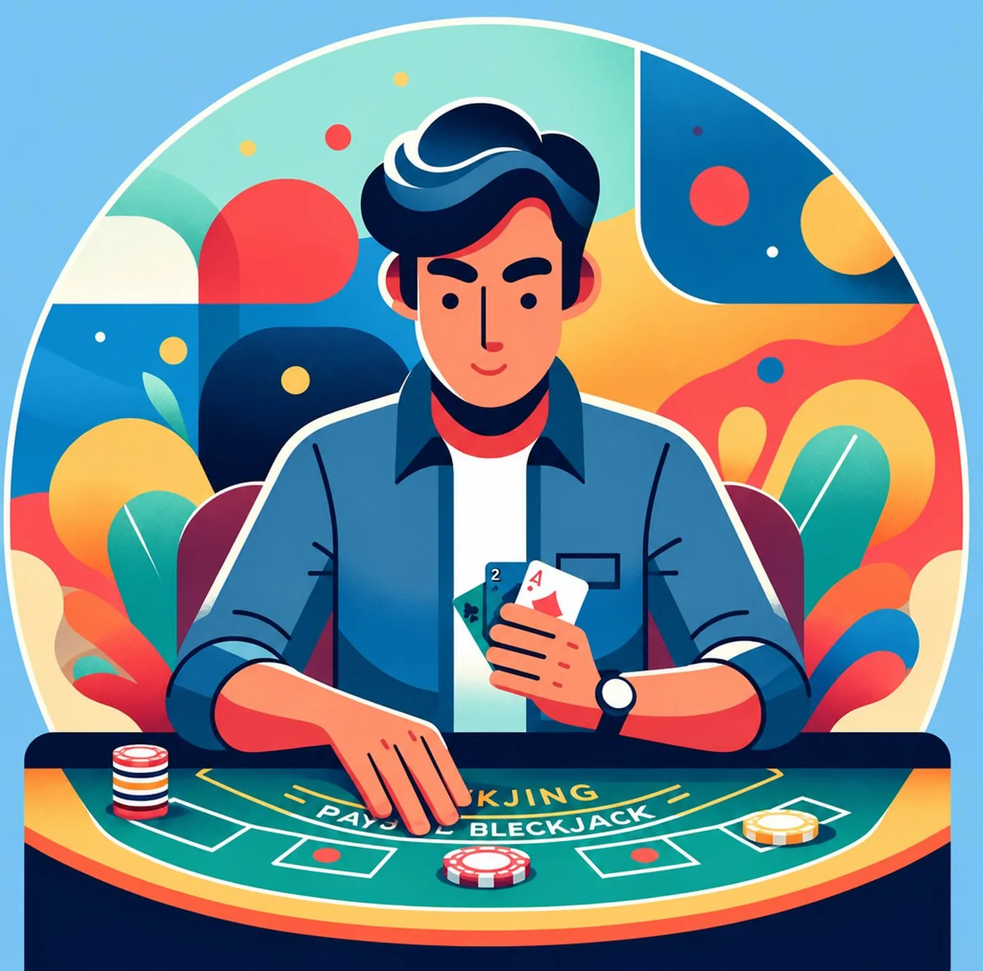 Illustration av person som sitter vid ett blackjackbord med spelkort i händerna