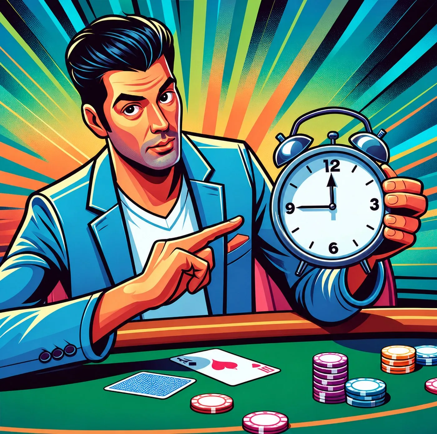 Pokerspelare vid ett bord pekar på en väckarklocka med spelkort och marker framför sig