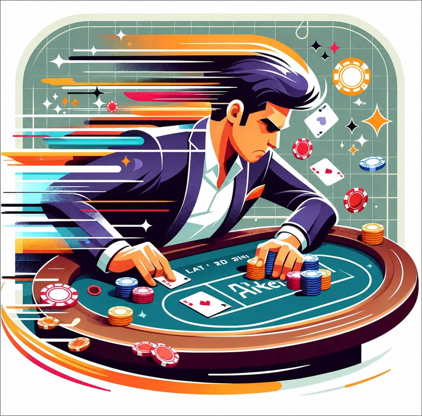 Illustrerad pokerspelare i kostym vid ett bord med marker och spelkort