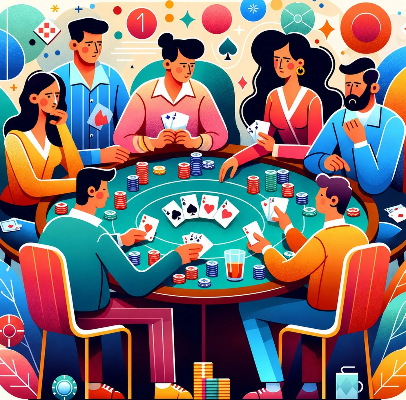 Illustration av sex personer som spelar poker vid ett runt bord