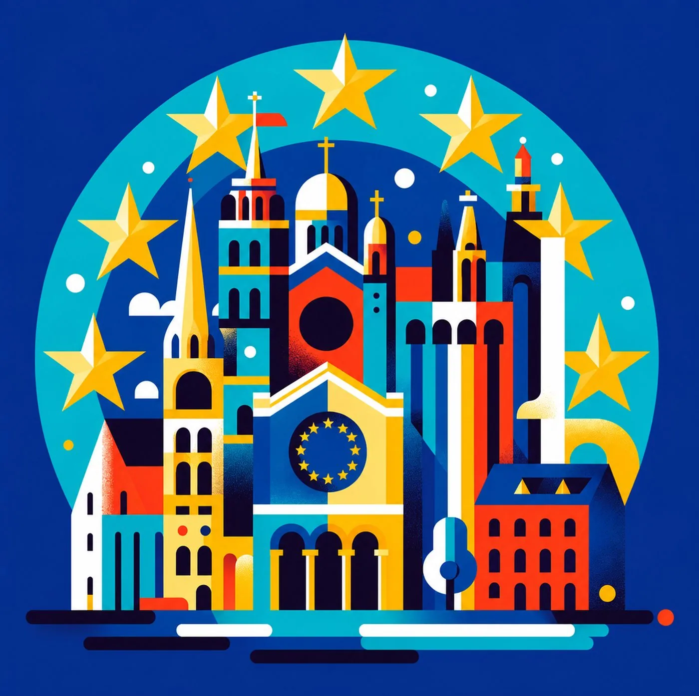 Grafisk illustration av en europeisk stadssiluett med gula stjärnor och EU-symbolik