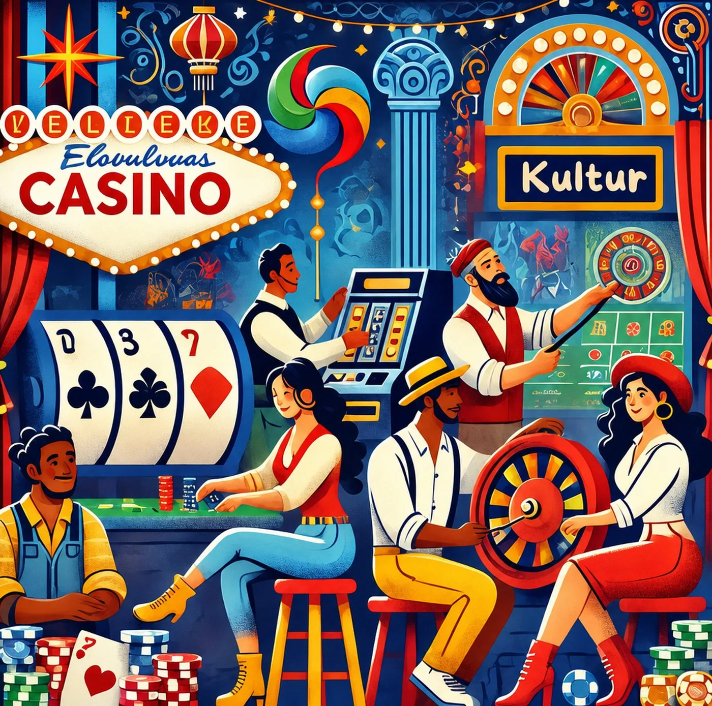 Färgglad illustration av människor som spelar på ett casino med spelautomater och rouletthjul