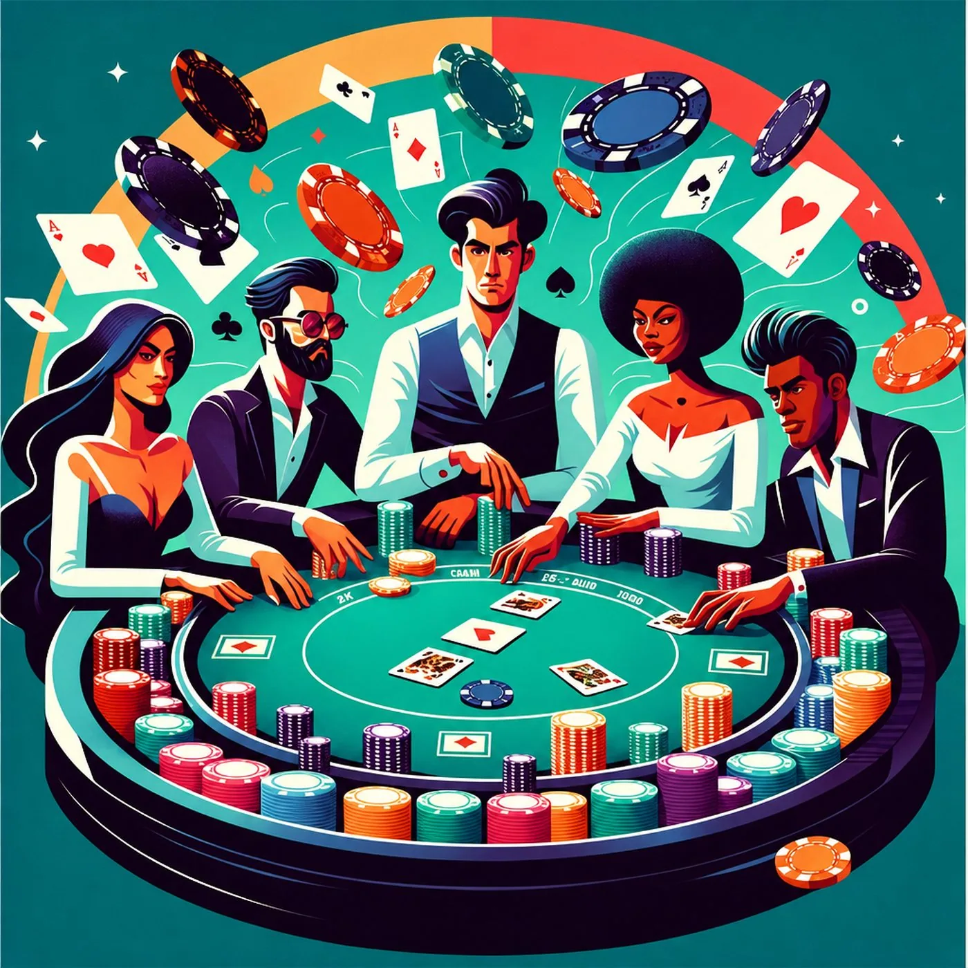 Fem personer som spelar poker vid ett grönt bord med spelmarker och kort