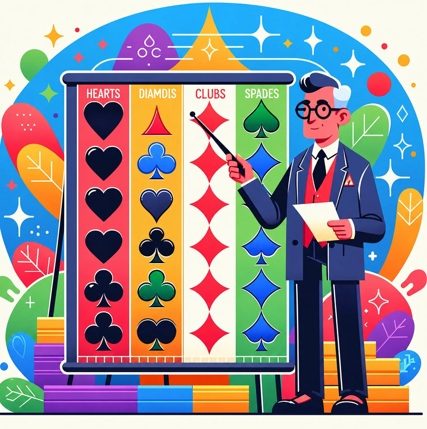 En illustrerad professor som pekar på en tavla med olika spelkortsikoner