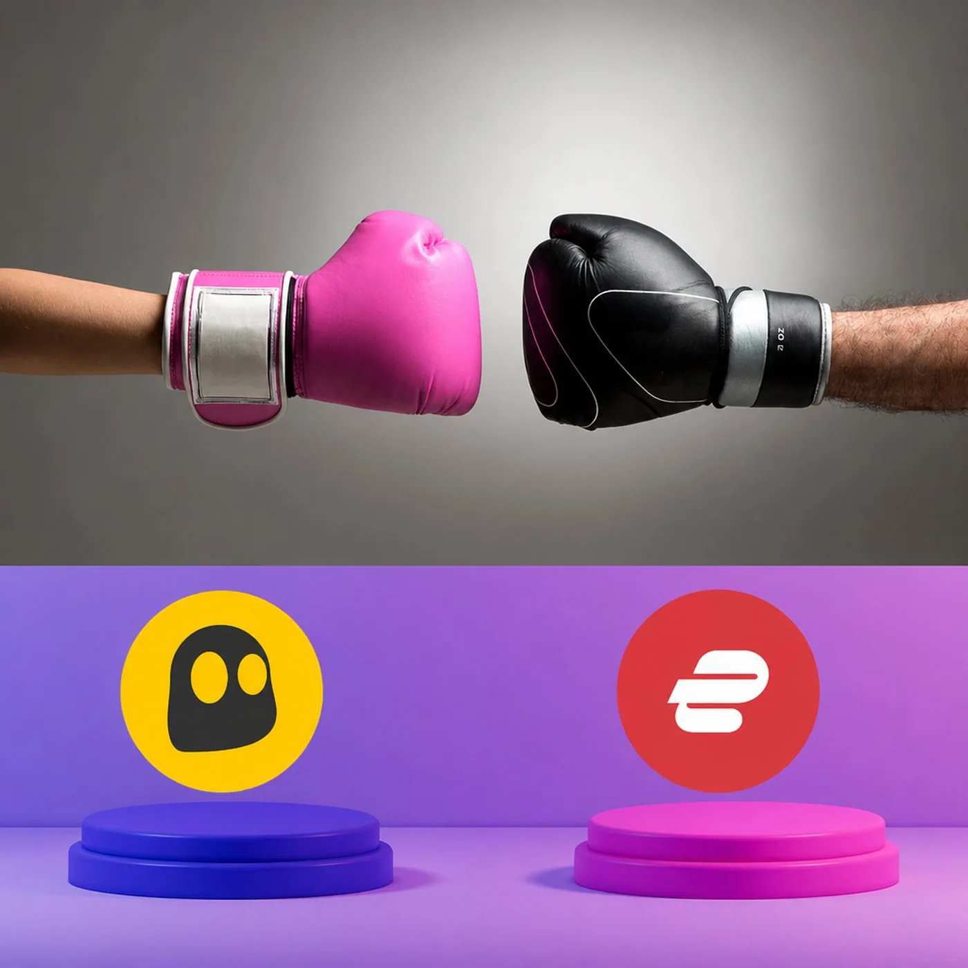 Boxningshandskar i rosa och svart ovanför två podier med VPN-logotyper