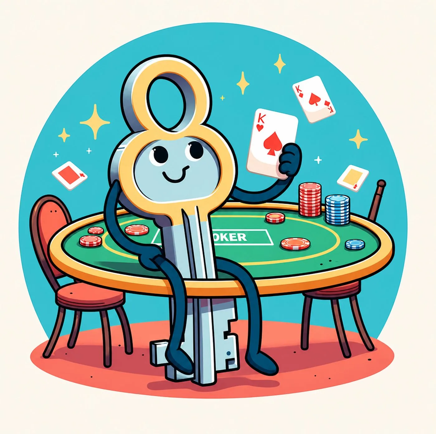 En glad nyckelkaraktär som sitter vid ett pokerbord med spelkort och marker