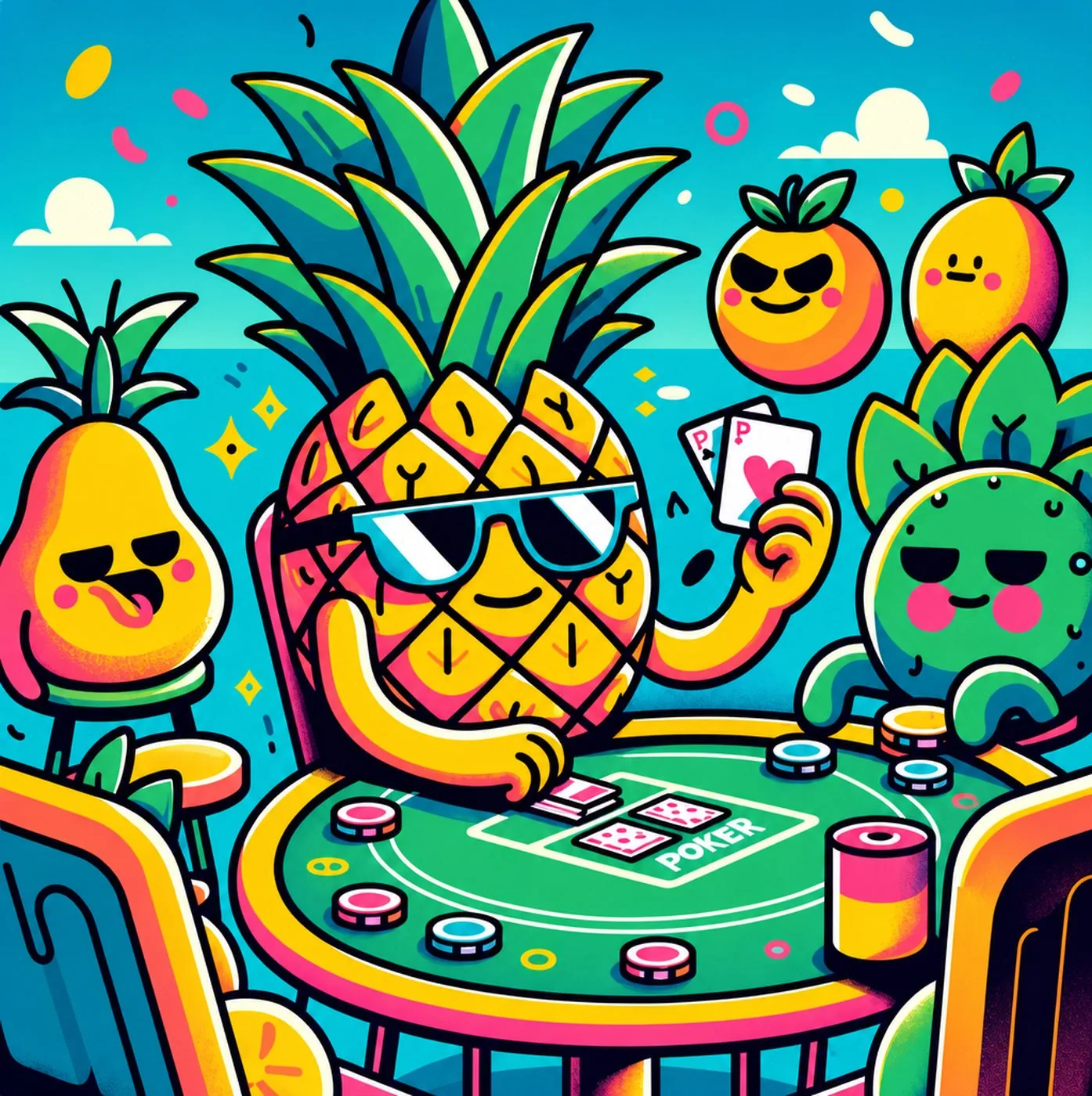 En glad ananas med solglasögon som spelar poker med fruktvänner