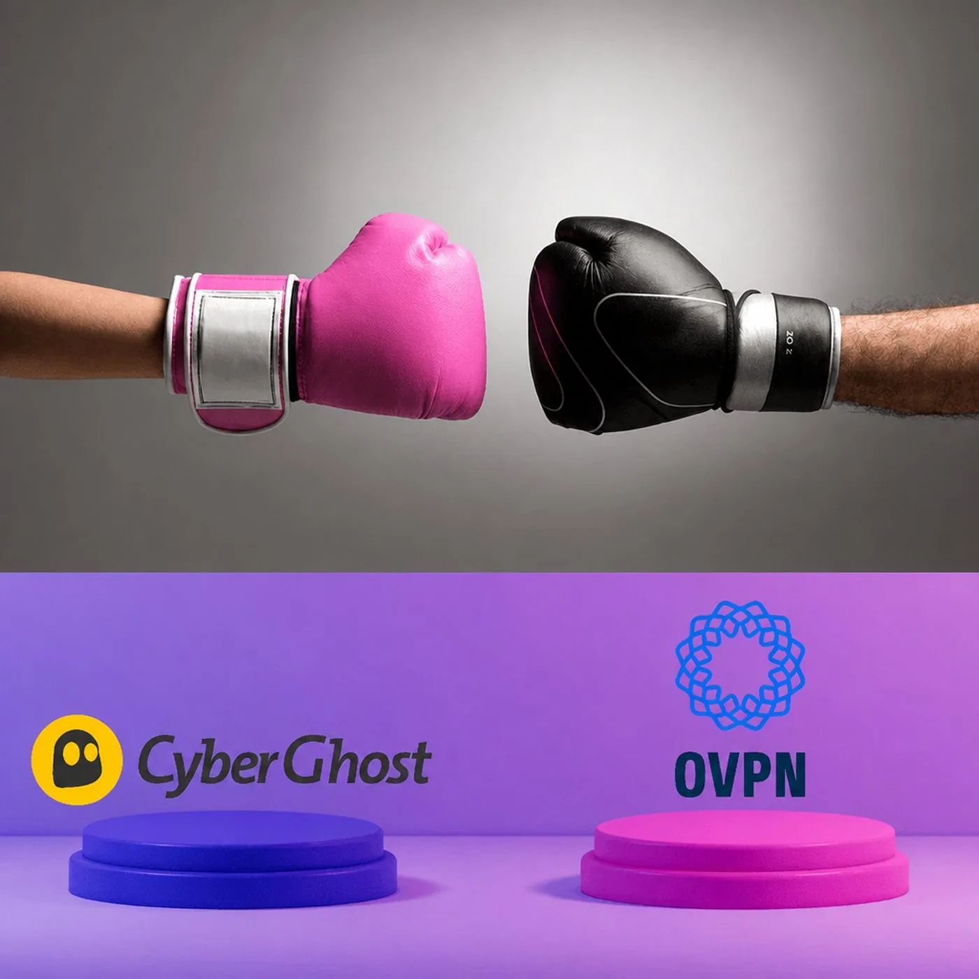 Boxhandskar i rosa och svart ställs mot varandra ovanför logotyper för Cyberghost och OVPN