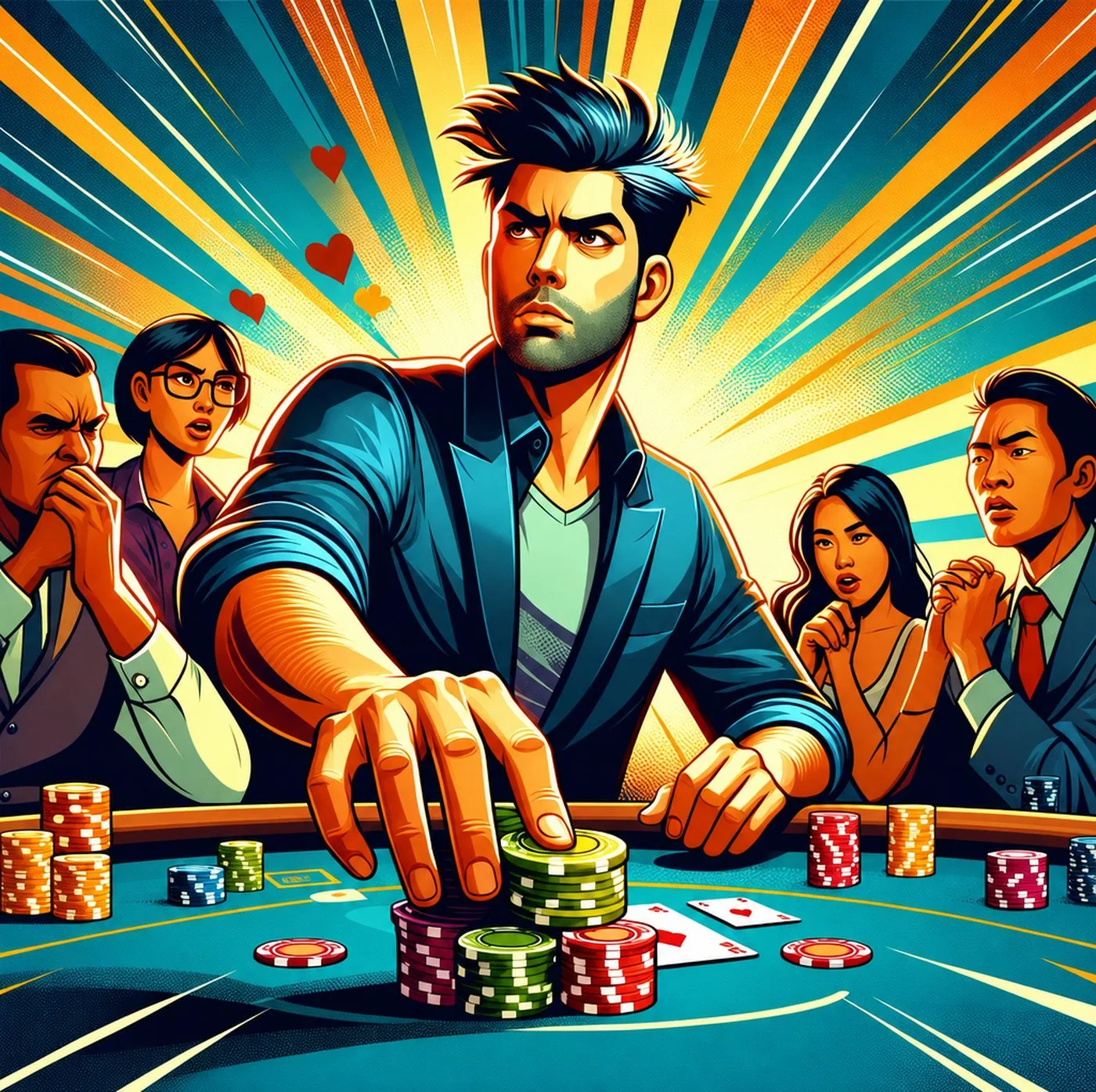 Man i serietidningsstil placerar en insats av spelmarker vid ett pokerbord