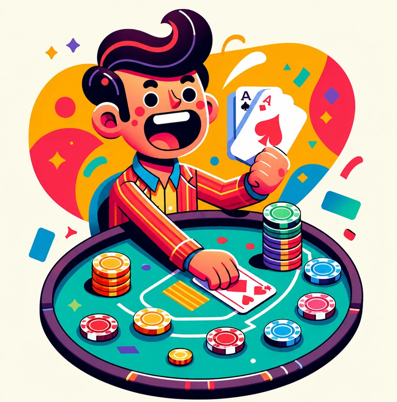 Glad pokerspelare vid bordet som håller i ess och satsar marker