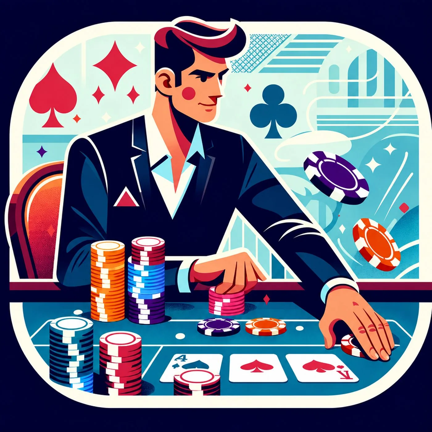 Stiliserad illustration av en pokerspelare vid ett bord med marker och spelkort