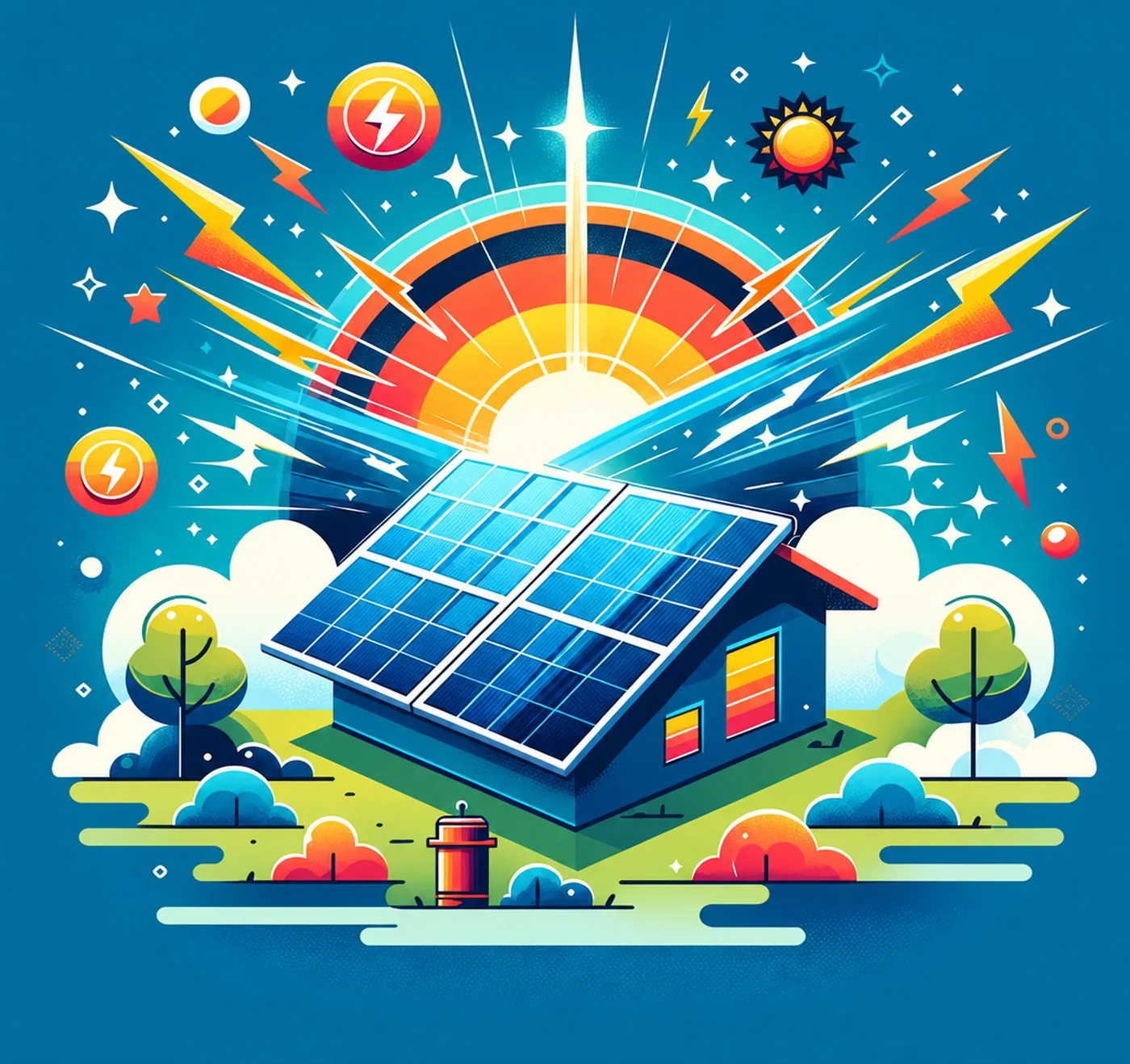 Färgstark illustration av ett hus med solpaneler och symboler för energi